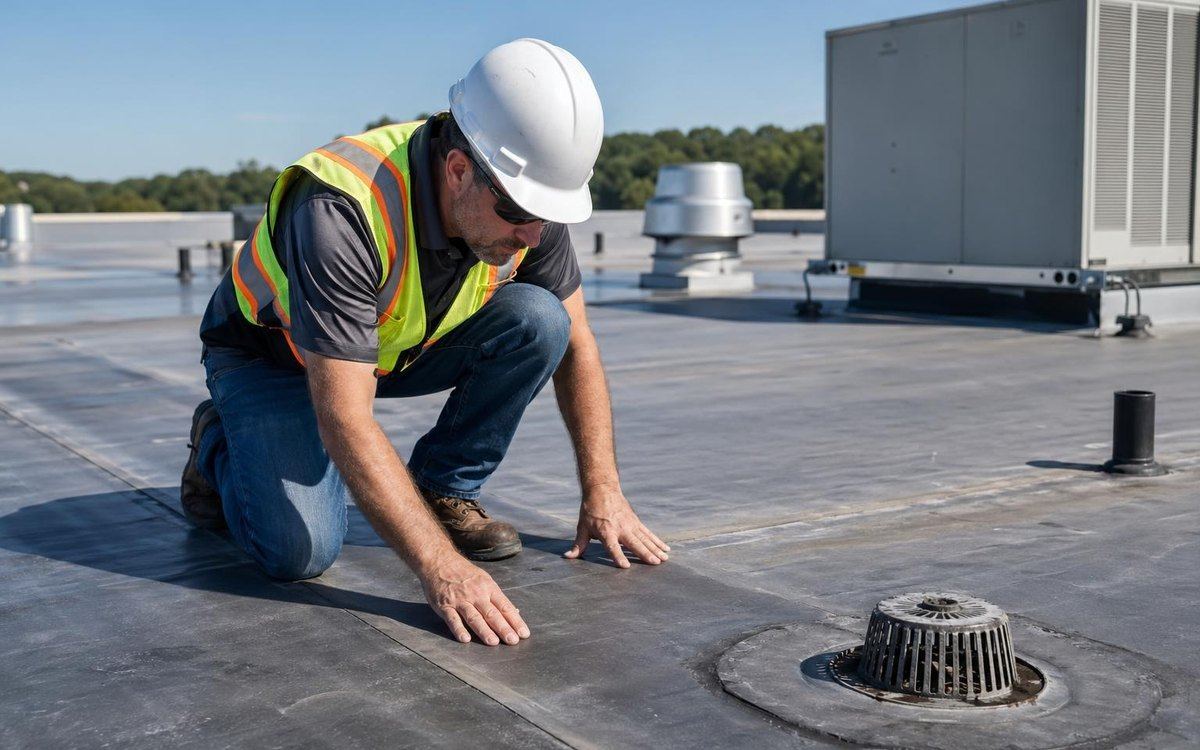 Roofer inspecting a drain on a flat commercial roof