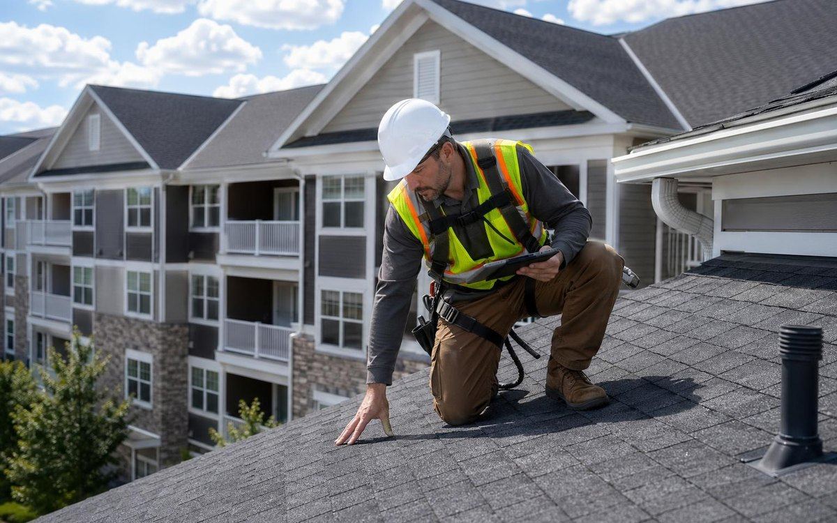 Roofer inspecting the roof of an apartment building