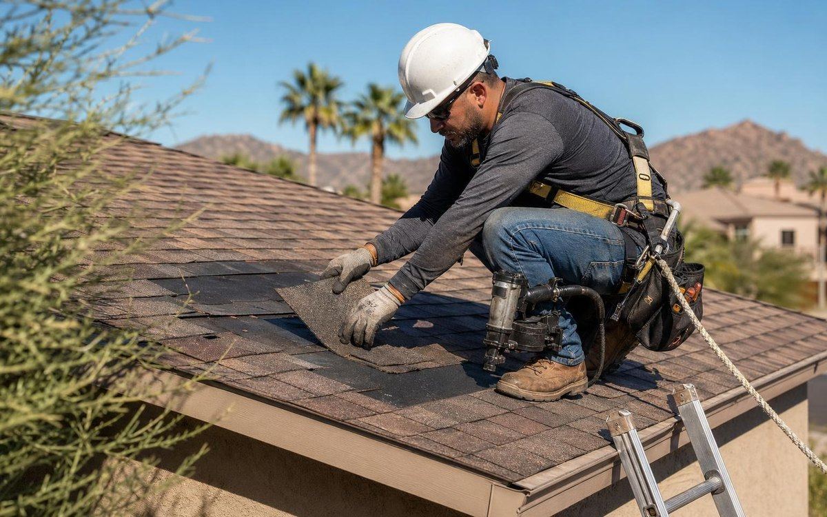 Roofer working on a sloped roof