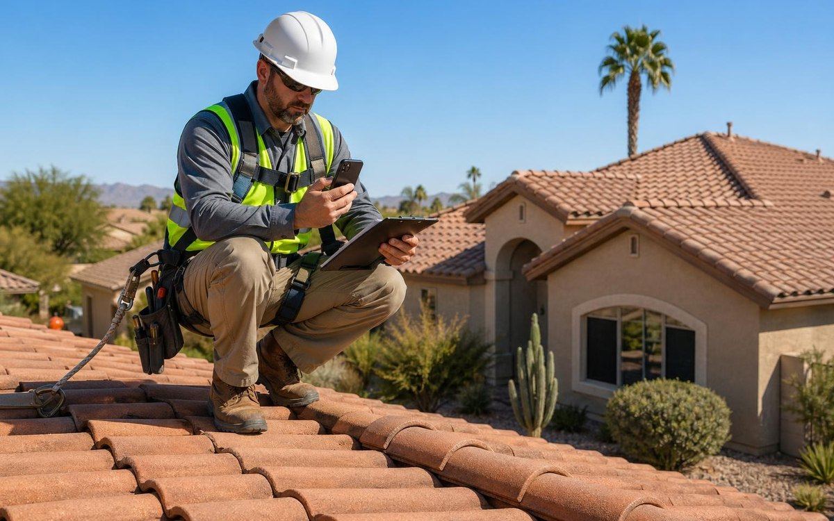 Roofer with a tablet inspecting a clay tile roof